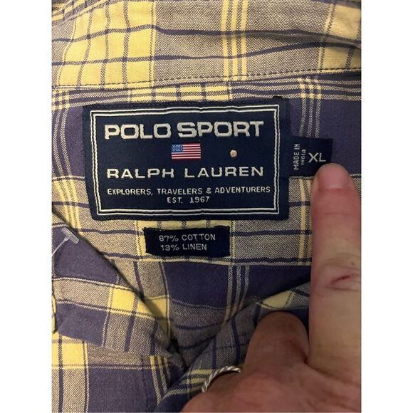 Polo Sport Yellow and Blue Cotton and Linen Blend Plaid Short Sleeve Shirt. Size - Picture 2 of 5